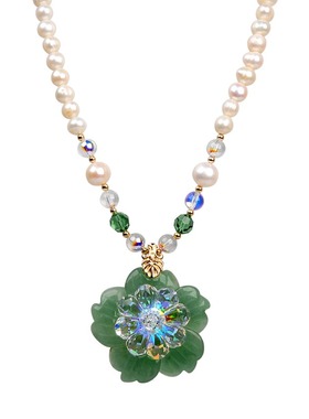 绿色花朵珍珠项链女高级感水晶吊坠轻奢气质配饰多彩女士高端大方