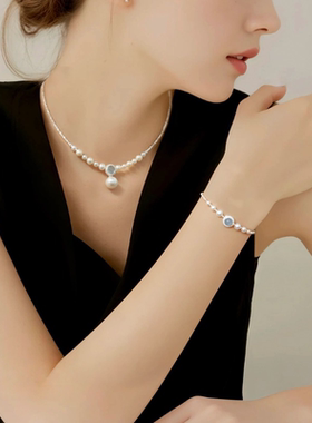 999纯银手链女精致天然淡水珍珠锁骨链海蓝宝吊坠项链女士礼物