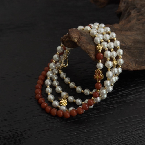 复古珍珠红玛瑙多层项链女小众设计高级感颈饰串珠优雅金色南红