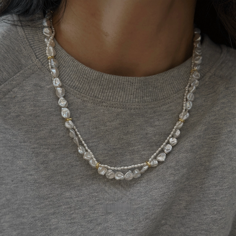 时尚珍珠项链女白色椭圆珍珠小金珠点缀颈饰气质百搭精致串珠优雅