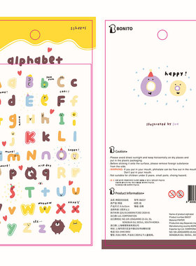 韩国Bonito贴纸 alphabet 可爱动物表情字母表手帐素材装饰贴 2张
