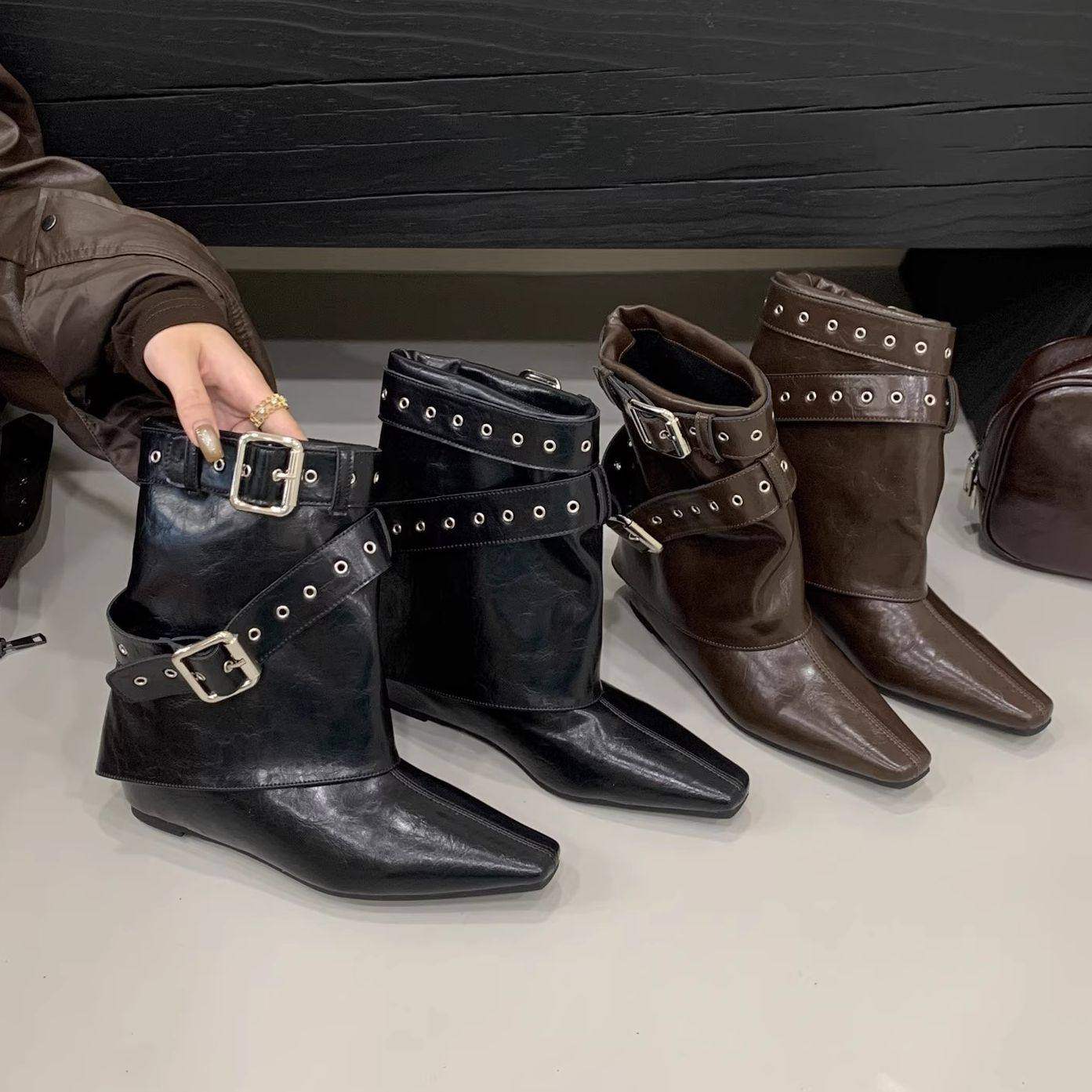 2025秋季新款尖头短筒靴女百搭小方头内增高裤管靴皮带扣平底短靴,女鞋,时装靴,淘宝优惠券,粉丝福利购,淘宝优惠卷