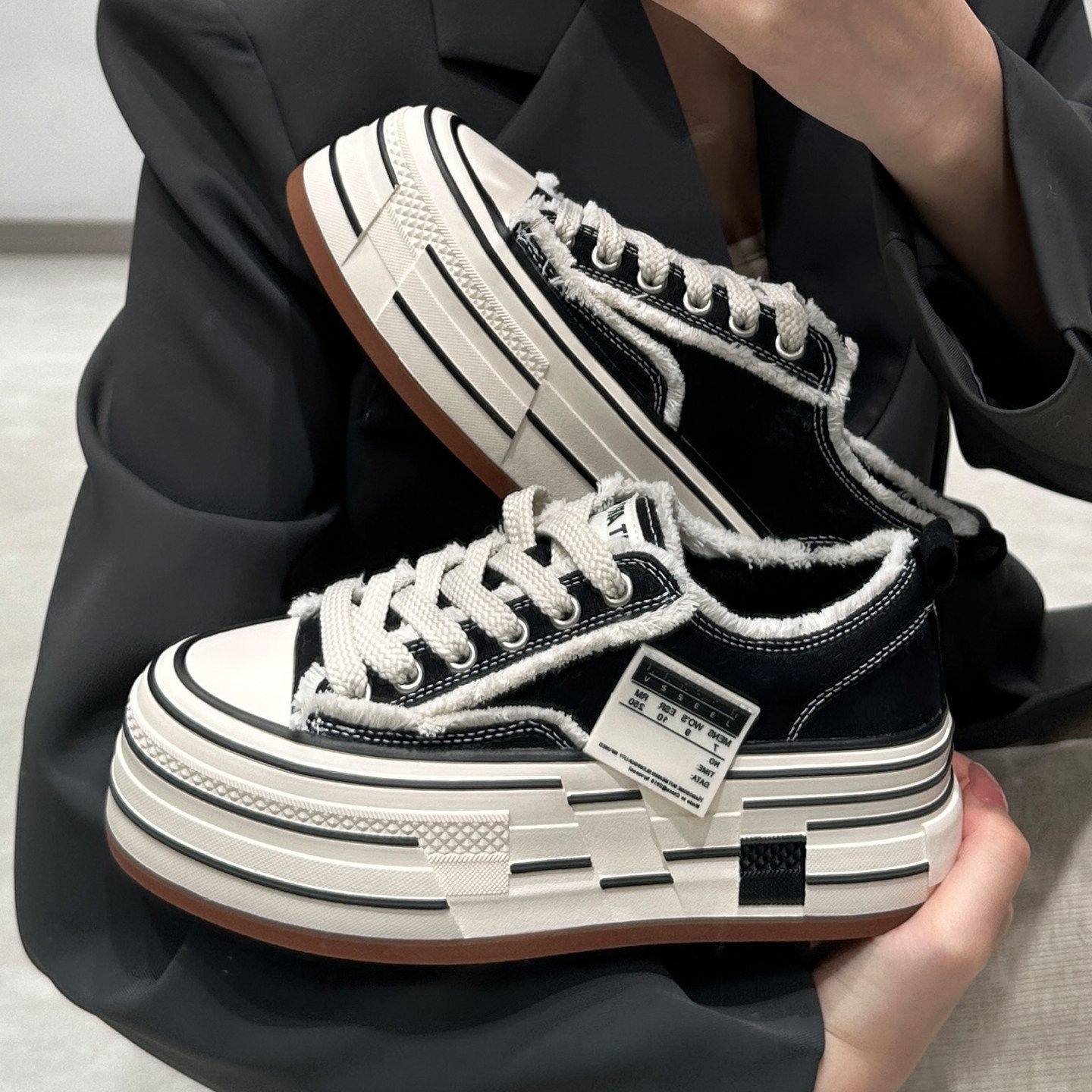 6CM增高~厚底系带毛边乞丐帆布鞋女2026春季新款百搭运动休闲板鞋,女鞋,深口单鞋,淘宝优惠券,粉丝福利购,淘宝优惠卷