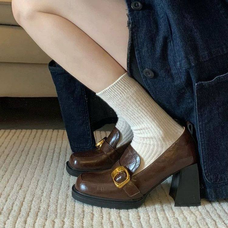 粗跟一脚蹬乐福鞋高跟小单鞋软皮版2026新款复古方头女英伦风鞋子,女鞋,深口单鞋,淘宝优惠券,粉丝福利购,淘宝优惠卷