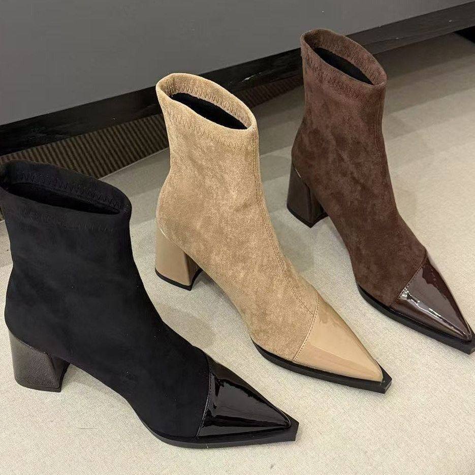 春秋小香风尖头粗跟瘦瘦靴法式显瘦弹力短靴女2025新款女高跟靴子,女鞋,马丁靴,淘宝优惠券,粉丝福利购,淘宝优惠卷