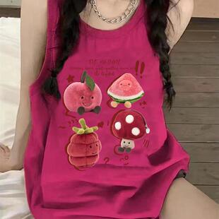 火龙果色背心女夏小众设计感甜辣妹宽松吊带纯棉t恤坎肩无袖上衣