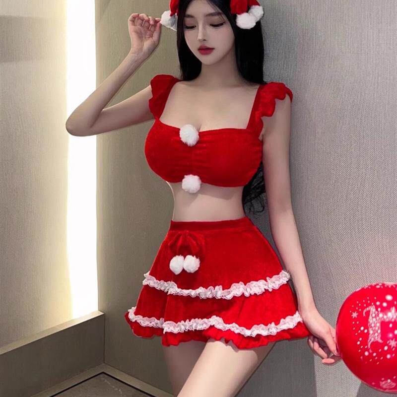 网红甜美少女纯欲圣诞节新年红色方领上衣性感辣妹短裙制服套装潮