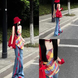 韩系度假抹胸无袖背心女夏季新款设计感不规则格子显瘦吊带上衣潮