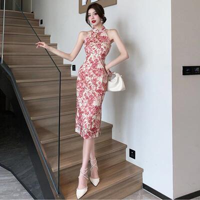 时尚修身改良重工钉珠露肩印花开叉中长款蕾丝旗袍气质连衣裙显瘦