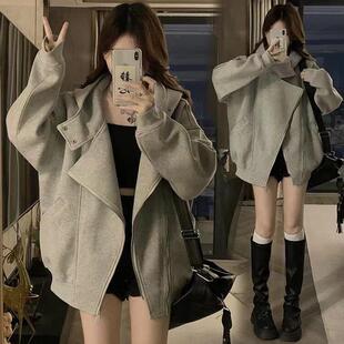 灰色卫衣连帽女秋冬加绒厚外套开衫2025新款不规则双拉炼宽松上衣