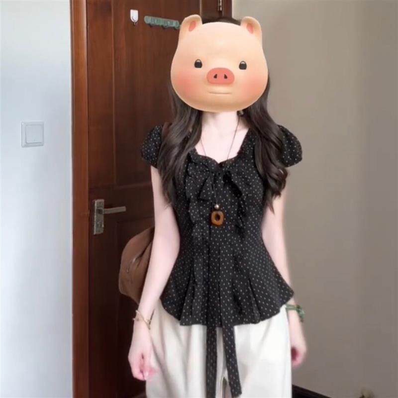 韩系黑色波点蝴蝶结短袖衬衫女夏季甜辣褶皱收腰显瘦绝美小衫上衣