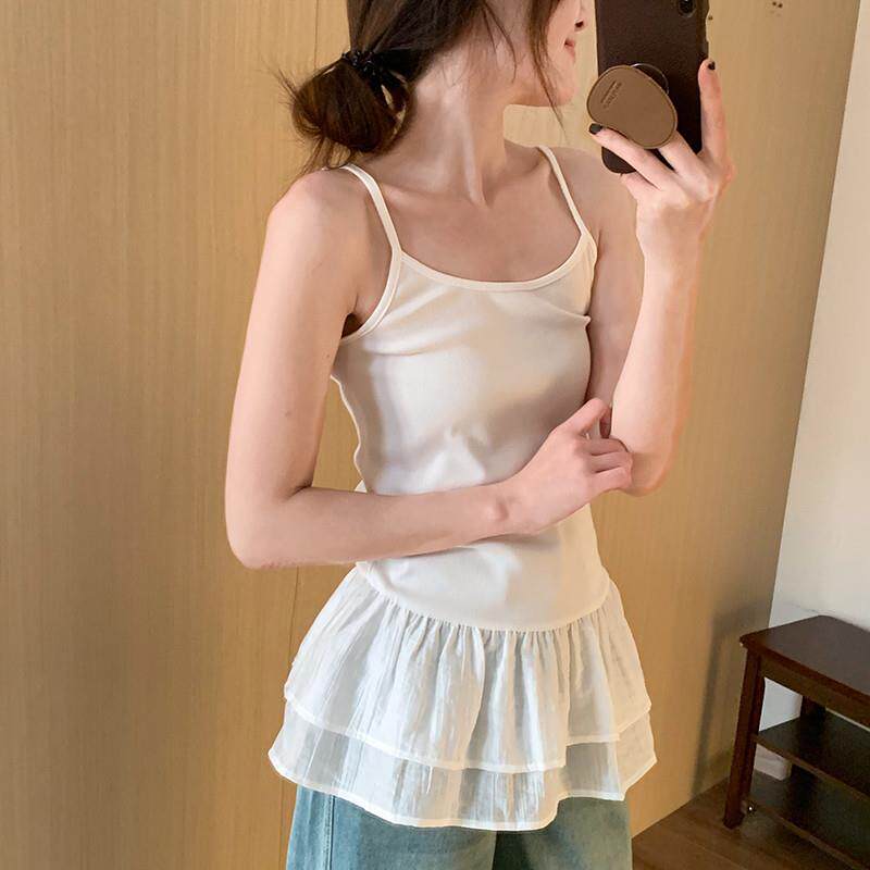 2025春夏季新款韩版叠穿内搭修身荷叶边裙摆小件吊带背心白色上衣