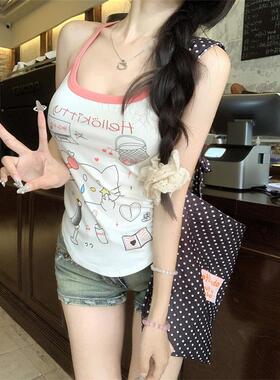 纯欲撞色设计感吊带背心女夏外穿手绘涂鸦kt猫印花无袖甜辣妹上衣