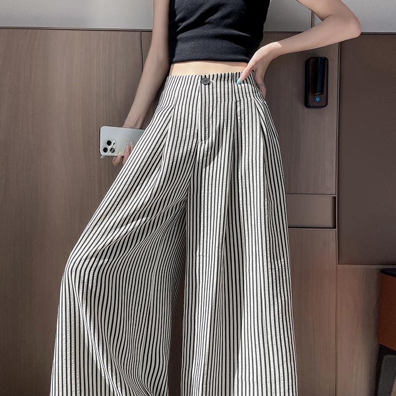 冰丝棉麻条纹阔腿裤女夏薄款宽松慵懒风拖地裤子高腰直筒西装长裤图片