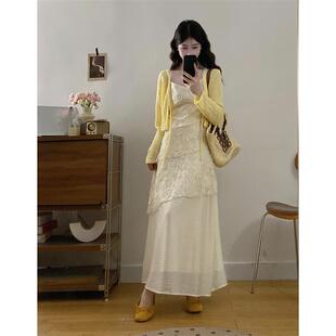 大码胖mm夏季新款温柔风吊带蕾丝拼接连衣裙百搭长袖开衫两件套装