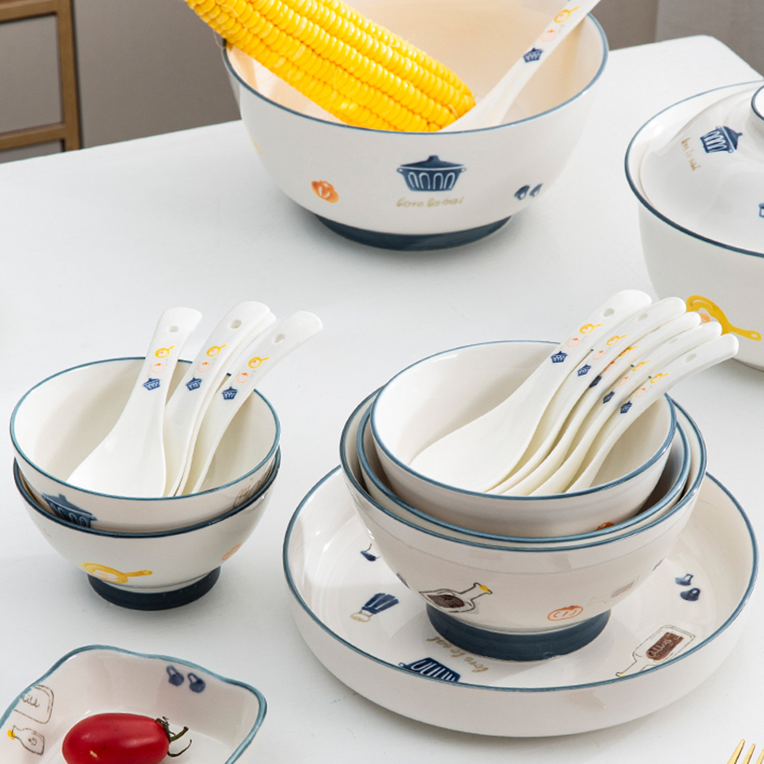 安维娜唐山陶瓷碗盘碟餐具釉下彩烤盘汤锅家用带盖多款式爆款卡通