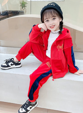 女童金丝绒套装2023新款宝宝秋冬款运动加厚两件套儿童洋气保暖衣