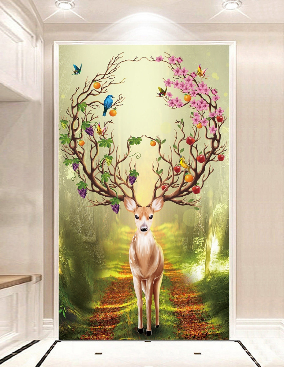 原创大型壁画墙纸过道北欧梦幻麋鹿电视背景墙玄关壁布墙画背景