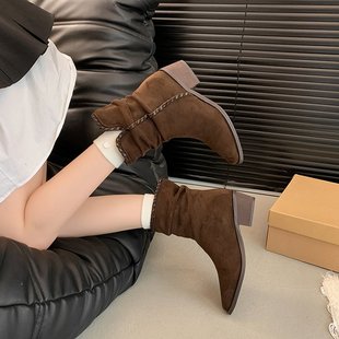 时尚百搭气质小短靴子女高跟2025新款爆款显瘦粗跟时装靴堆堆裸靴