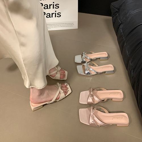 低跟一字拖露趾法式小凉拖鞋