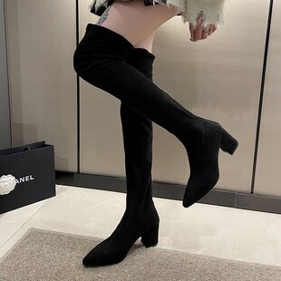 欧美风尖头粗跟过膝长靴女2026秋冬绒面弹力瘦瘦靴辣妹性感高跟靴
