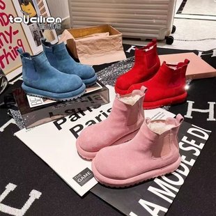 时尚简约多巴胺蓝色厚底雪地靴女款冬季加绒保暖短靴新款东北棉靴