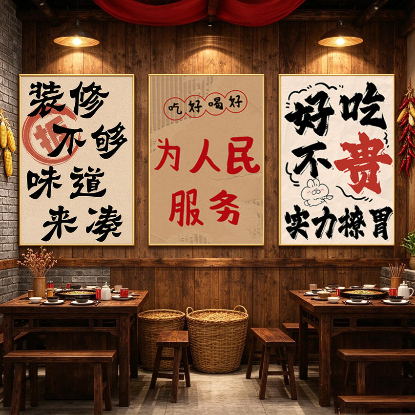 市井风格氛围布置装饰画 餐饮饭店农家乐背景墙破店标语海报挂画
