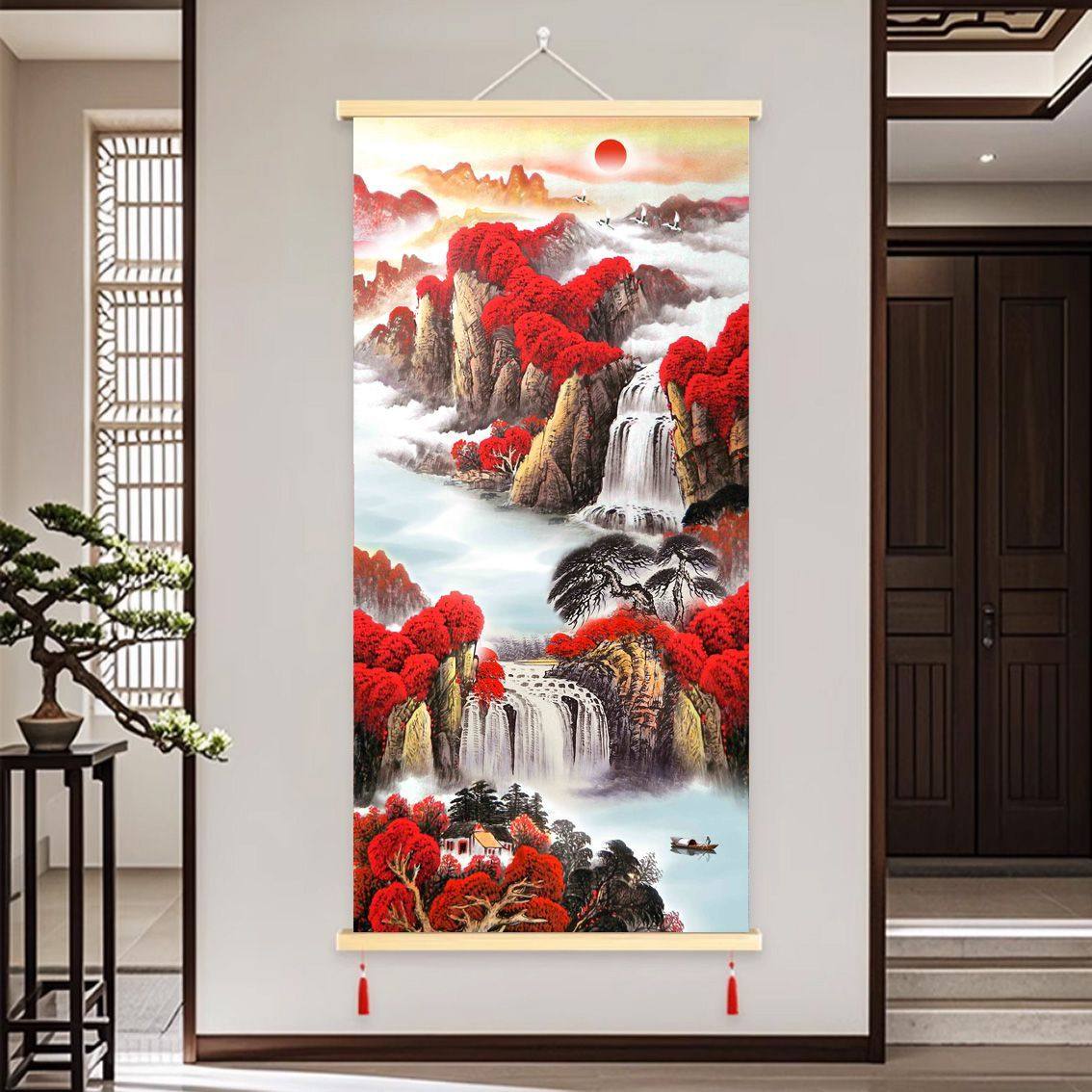 鸿运当头中式山水装饰画入户玄关过道挂画客厅背景墙壁画布艺卷轴,家居饰品,现代装饰画,淘宝优惠券,粉丝福利购,淘宝优惠卷