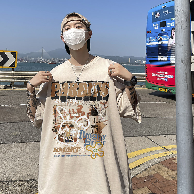 2023港风夏季新款t恤短袖男士宽松纯上衣男潮A877TP25控39,男装T恤,电商B241