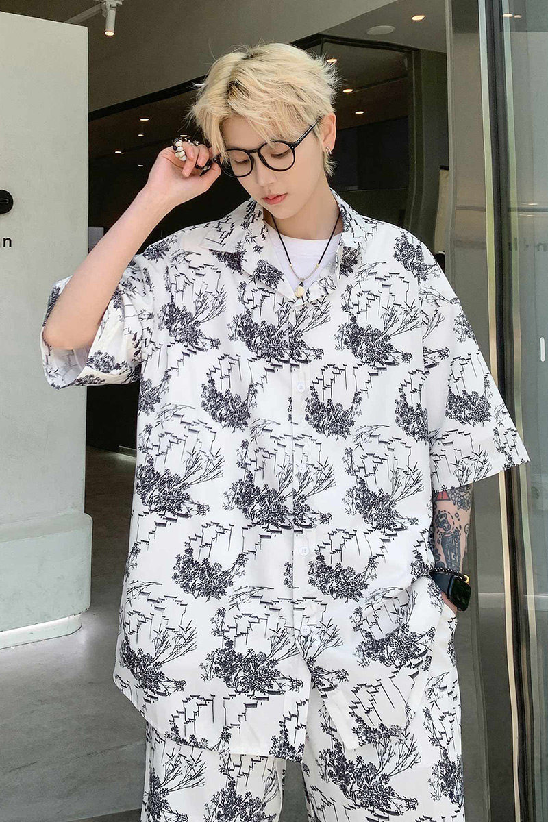 套装新中式风时尚休闲衬衫短袖短裤高级感衣服-A1091TP55控78,男装衬衫,电商B241