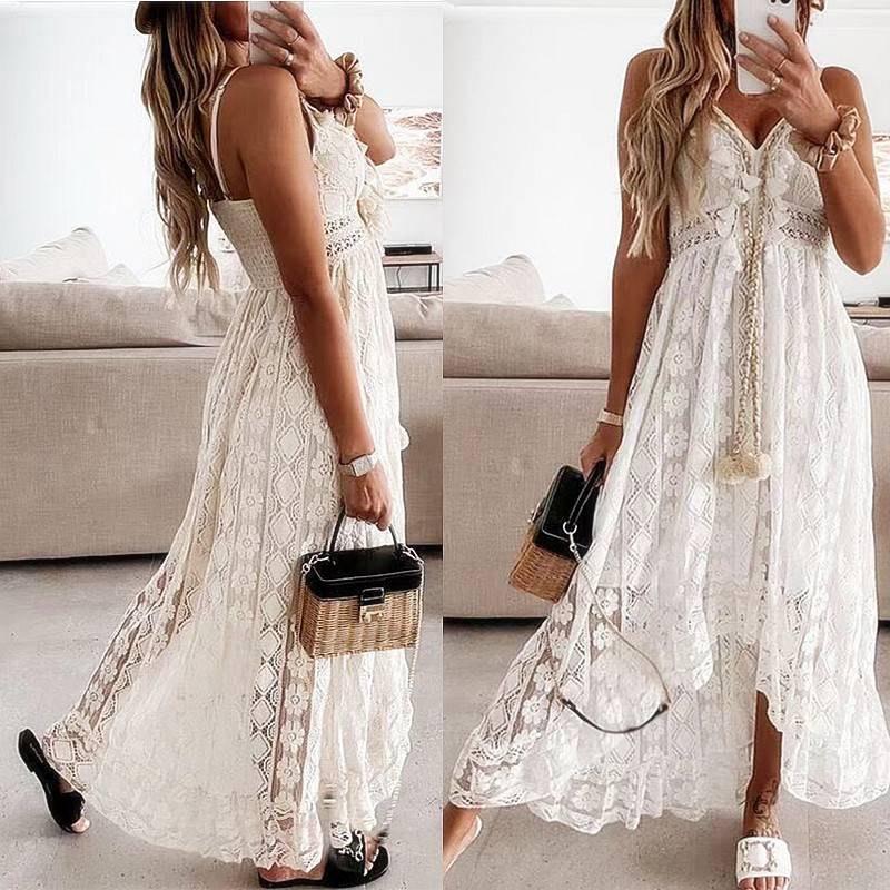 吊带A字蕾丝礼服大摆连衣裙