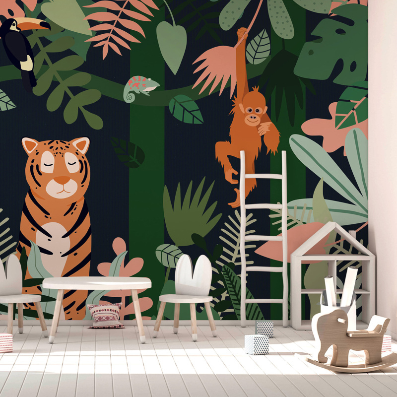 南亚丛林Forests 现代简约儿童卡通壁画 猴子老虎卧室背景墙壁纸