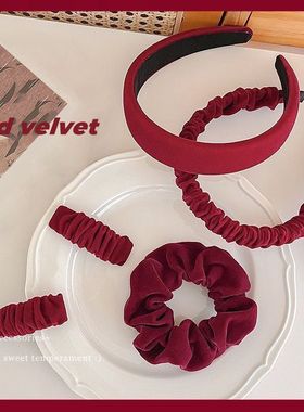 超显白红色丝绒蝴蝶结发夹复古女海绵发箍高颅顶发卡大肠发圈发饰