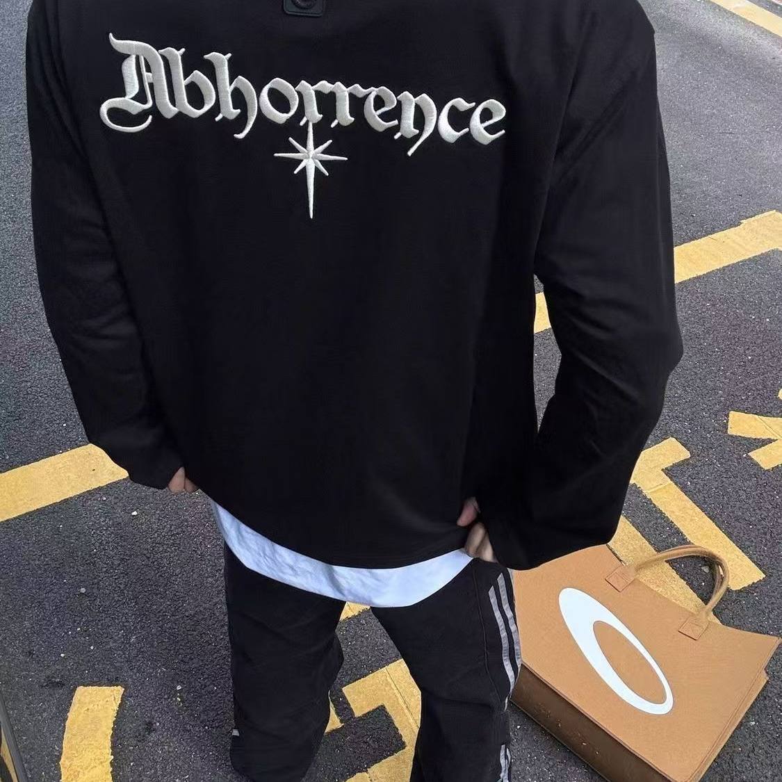 美式下坠星星哥特标语刺绣T恤男