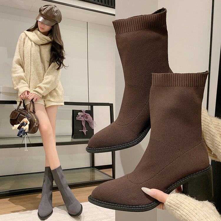 针织弹力靴女高跟2025秋冬新季款韩版粗跟时尚百搭袜靴中筒瘦瘦靴,女鞋,弹力靴/袜靴,淘宝优惠券,粉丝福利购,淘宝优惠卷