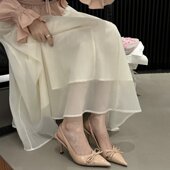 蝴蝶结尖头镂空细跟后空绊带凉鞋 新款 女2025春夏季 仙女风高跟单鞋