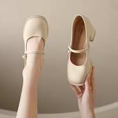 方头百搭中跟玛丽珍鞋 珍珠单鞋 粗跟法式 小皮鞋 女2025年春夏季 新款