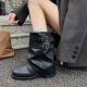 褶皱堆堆靴女2025年新款 黑色美拉德中筒靴女真皮西部靴机车马丁靴