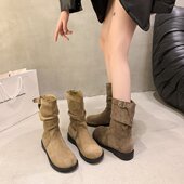 中筒短靴女2025秋冬新款 百搭复古骑士堆堆靴子平底套筒绒面马丁靴