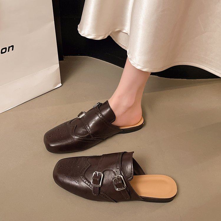 自留版~一脚蹬双排扣百搭黑色包头鞋女复古百搭方头布洛克半拖鞋,女鞋,包头拖,淘宝优惠券,粉丝福利购,淘宝优惠卷