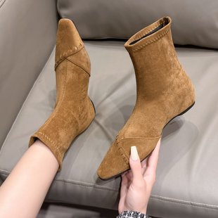 复古绒面方头弹力靴女2025秋冬新款气质瘦瘦靴内增高显瘦英伦短靴