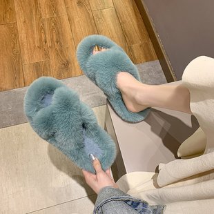潮流毛毛拖鞋 可愛懶人兔毛絨交叉棉拖潮 秋冬季 女外穿網(wǎng)紅2025新款