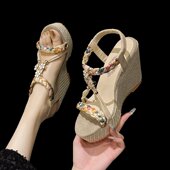 百搭高跟波西米亚松糕配裙子罗马凉鞋 松紧带坡跟凉鞋 女2025夏新款