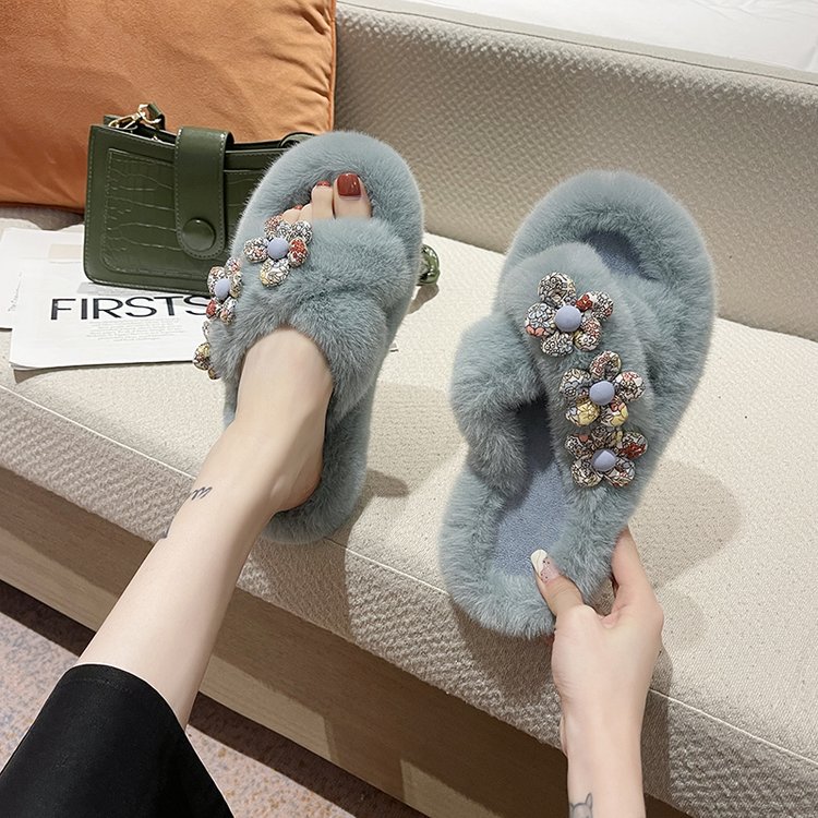 毛毛拖鞋女秋外穿2025秋冬季新款花朵厚底少女心懒人休闲棉拖女鞋