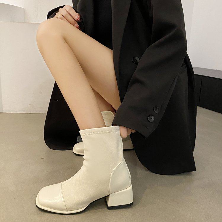 韩系小踝靴法式粗跟拼接马丁靴