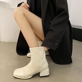 大码 韩系小踝靴法式 粗跟拼接马丁靴女2025秋冬新款 方头瘦瘦短筒靴