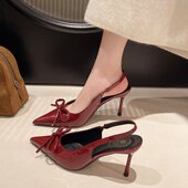 红色漆皮尖头蝴蝶结凉鞋 女 浅口细跟一字高跟鞋 女2025春秋新款 法式