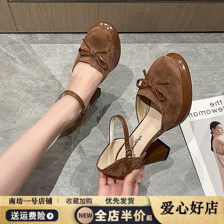 气质法式包头蝴蝶结高跟凉鞋女2025秋季新款粗跟浅口温柔玛丽珍鞋
