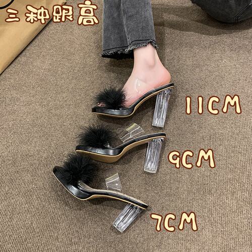 夏季透明一字带水晶粗高跟凉拖鞋