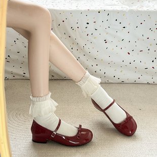 低跟蝴蝶结配裙子小皮鞋 新款 女2025春夏季 红色圆头浅口玛丽珍单鞋